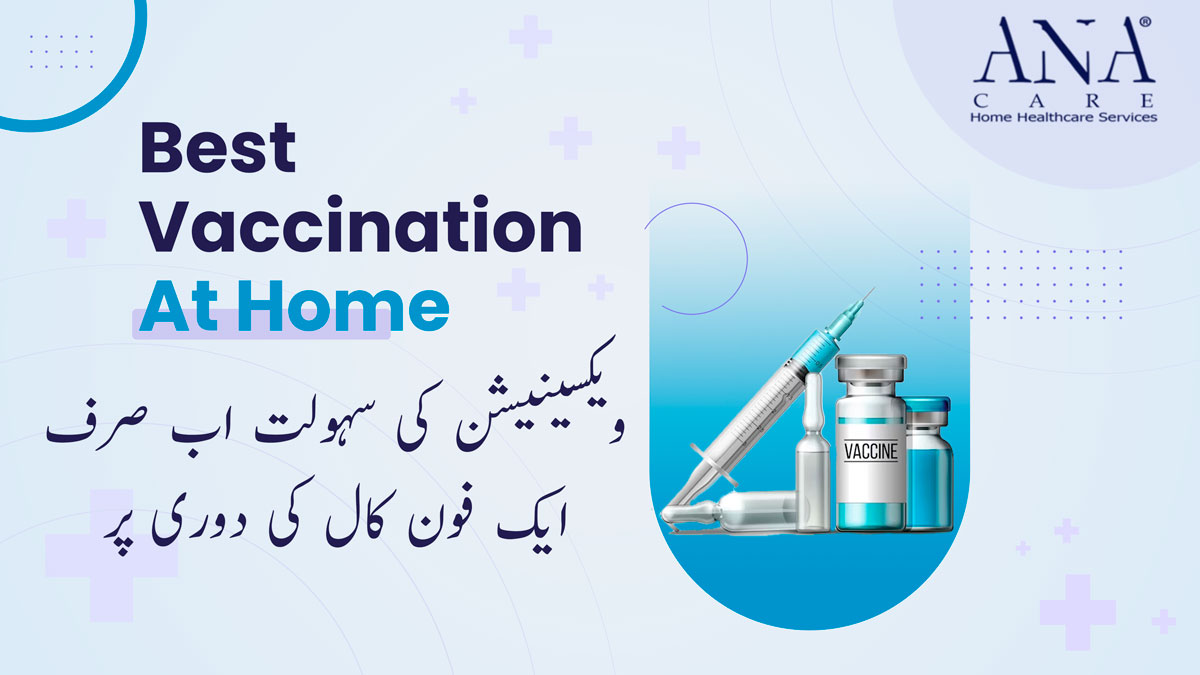 A syringe and multiple vaccine bottles are displayed to show the service by Ana Care for the best vaccination at home.